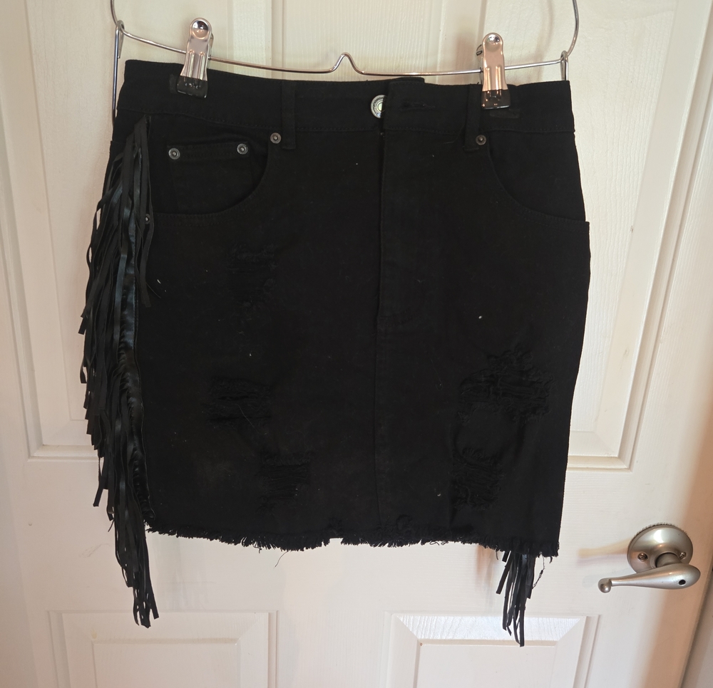 Forever 21 Black Fringe Distressed Denim Mini Skirt